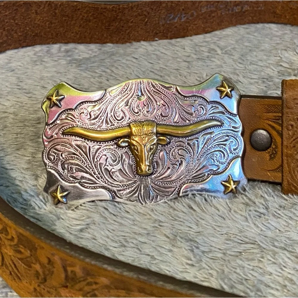 Vintage Tony Lama KIDS Tooled Leather Belt Silver & Gold Ornate Longhorn